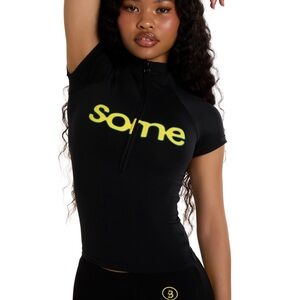 Body By Raven Tracy - Black Short-Sleeve Zip Crop Top with Neon Yellow Logo